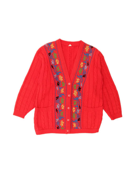 Vintage Cardigan Sweater UK 18 XL In Red Floral