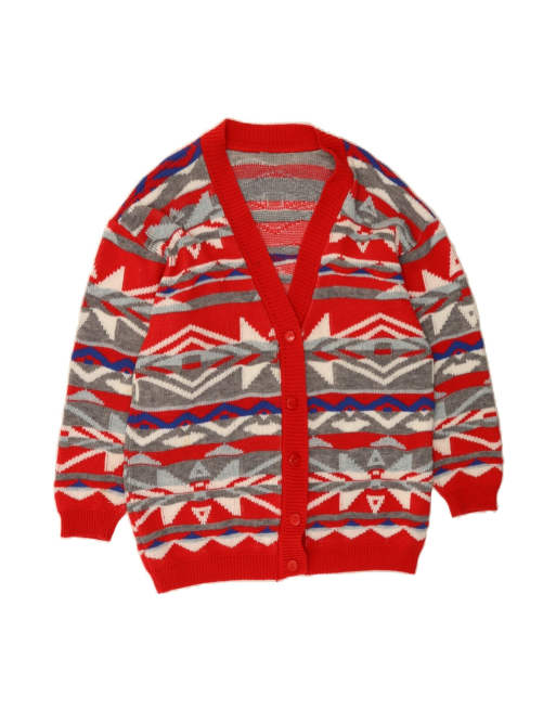 Vintage Cardigan Sweater UK 18 XL In Red Geometric