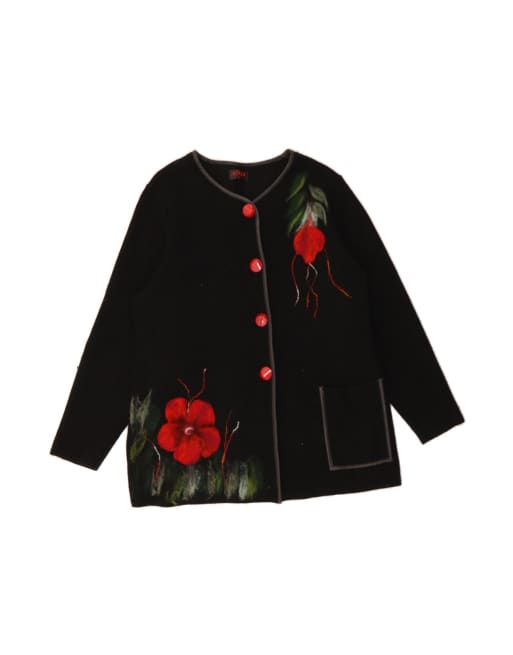 Vintage Cardigan Sweater UK 20 2XL In Black Floral