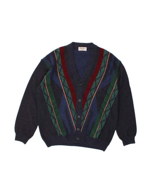 Vintage Cardigan Sweater XL In Blue Striped Wool