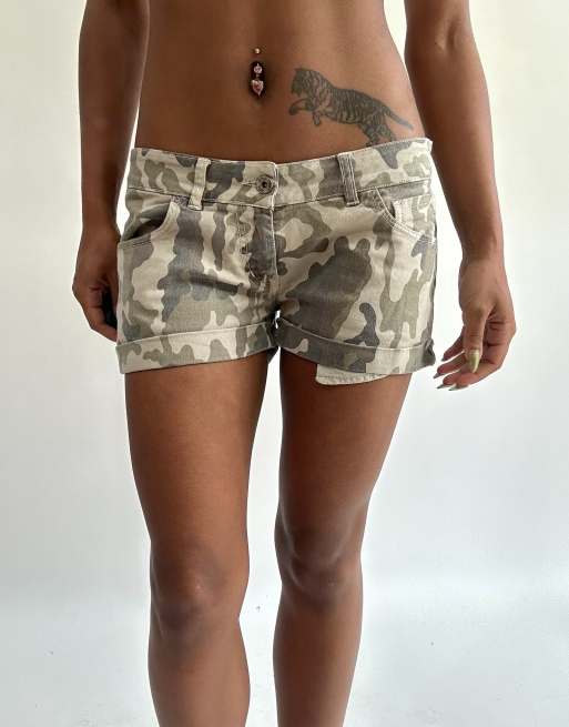 Vintage cargo denim mini shorts in khaki, 1 of 4