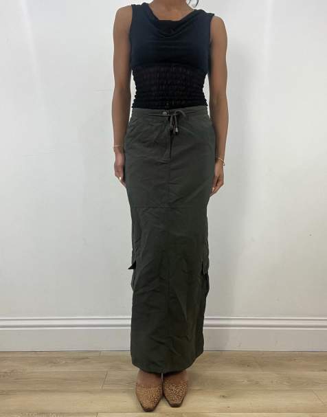 Vintage cargo tie waist maxi skirt in green - view 1