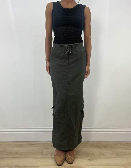 Vintage cargo tie waist maxi skirt in green