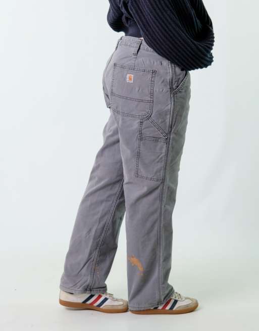 Vintage Carhartt fleece lined 34x30 Canvas Carpenter Baggy Jeans Charcoal Grey