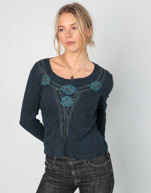 Vintage Caroll S long sleeve top in navy blue