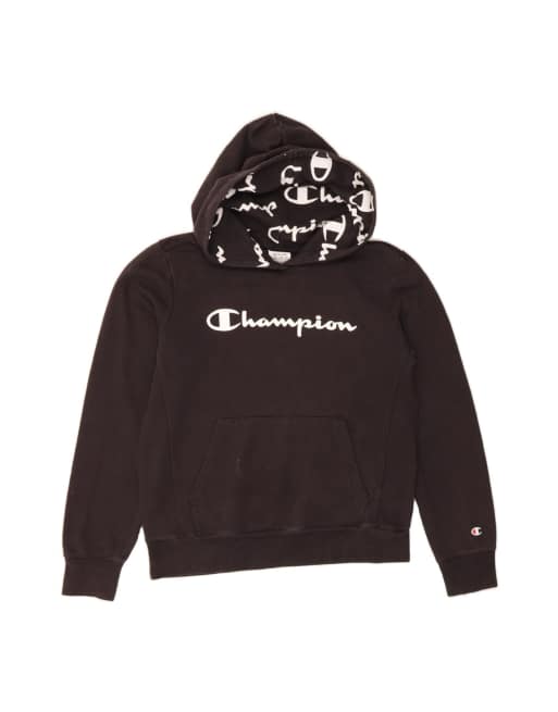 Vintage Champion Crop Graphic Hoodie Jumper UK 12 Medium In Black