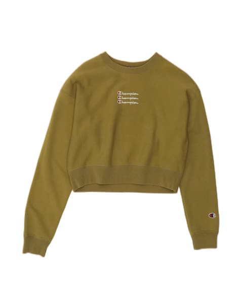 Vintage Champion Crop Graphic Sweatshirt Jumper UK 10 Small In Khaki - view 1