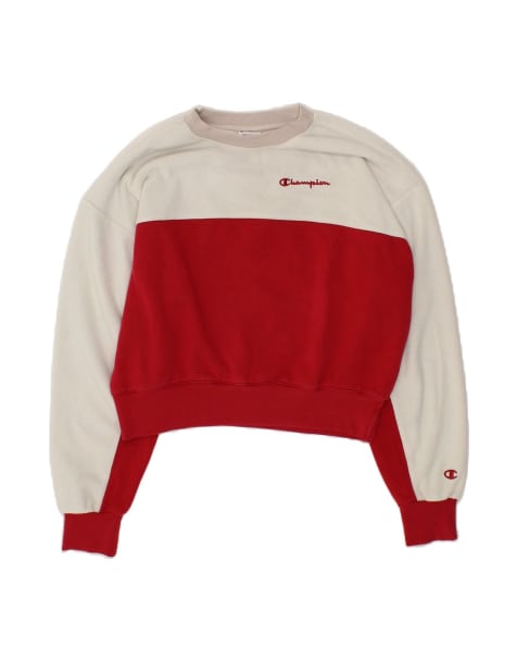 Vintage Champion Crop Oversized Fleece Jumper UK 14 Medium In Red Colourblock - view 1