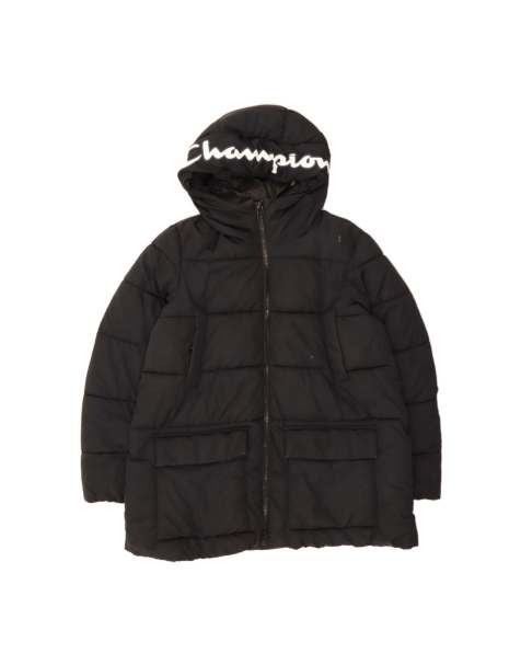 Vintage Champion Graphic Hooded Padded Jacket UK 36 Small In Black - view 1