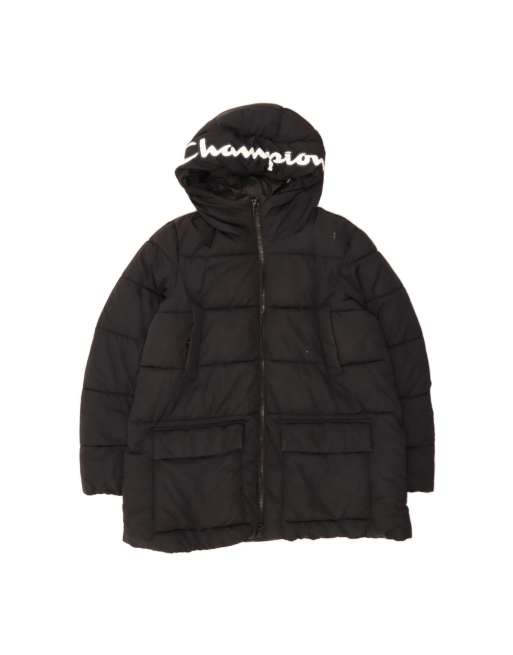 Vintage Champion Graphic Hooded Padded Jacket UK 36 Small In Black