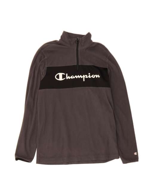 Vintage Champion Graphic Zip Neck Fleece Jumper Medium In Grey Colourblock