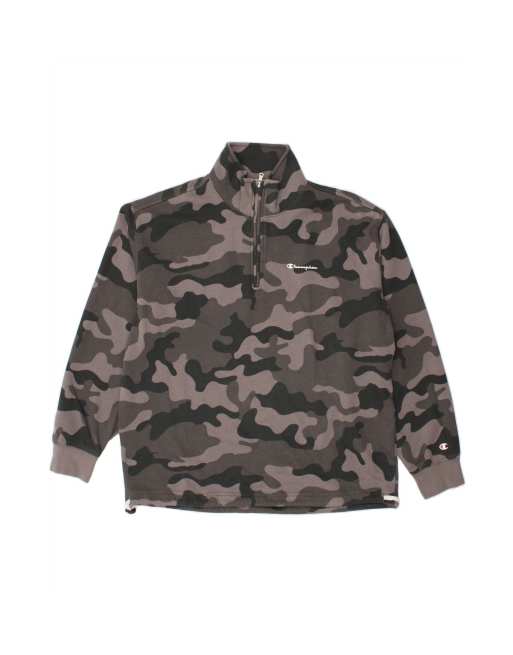 Vintage Champion Graphic Zip Neck Sweatshirt Jumper Large In Grey Camouflage