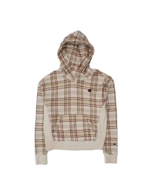 Vintage Champion Hoodie Jumper Small In Beige Check