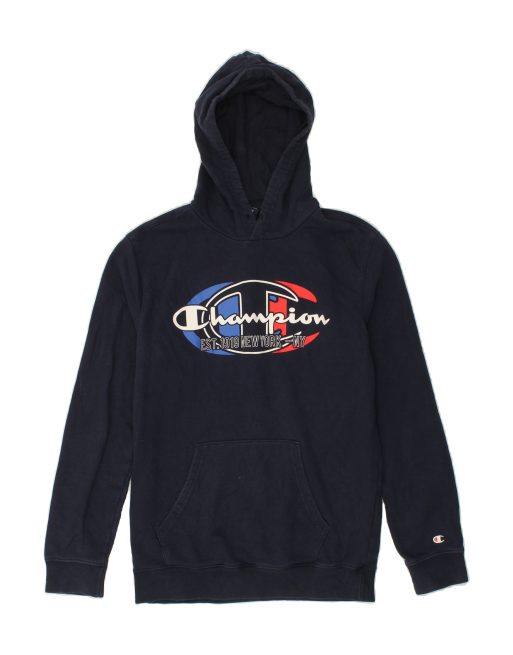 Vintage Champion New York Size M Graphic Hoodie Jumper in Navy Blue