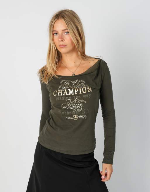 Vintage Champion S long sleeve top in dark green, 1 of 4