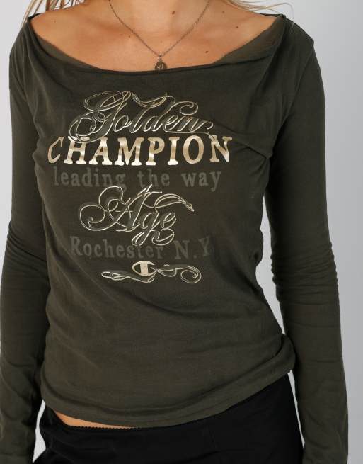 Vintage Champion S long sleeve top in dark green, 4 of 4