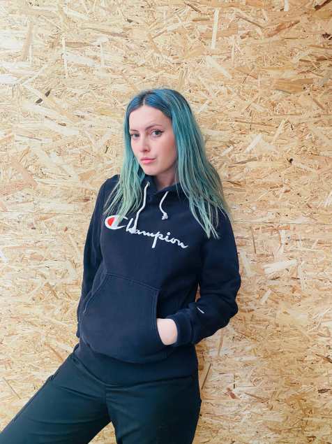 Vintage Champion Size L black embroidered hoodie in black - view 1