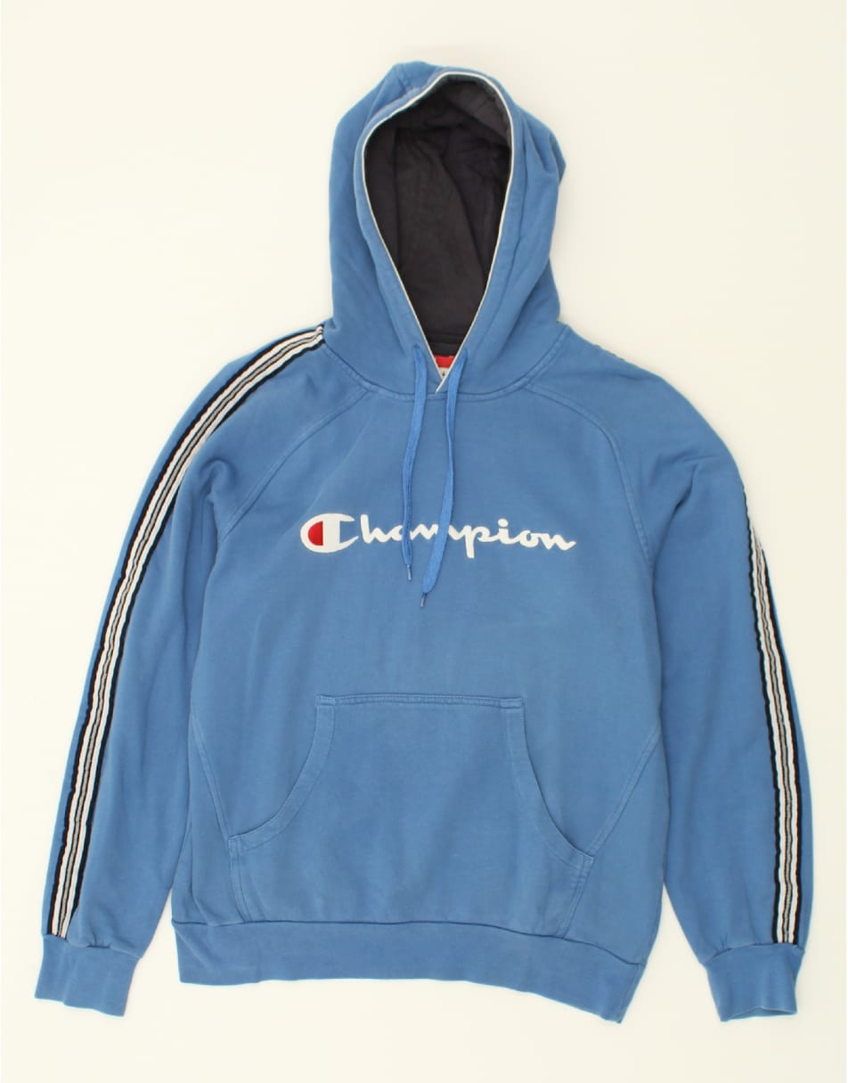 Vintage Champion Size L Graphic Hoodie Jumper in Blue