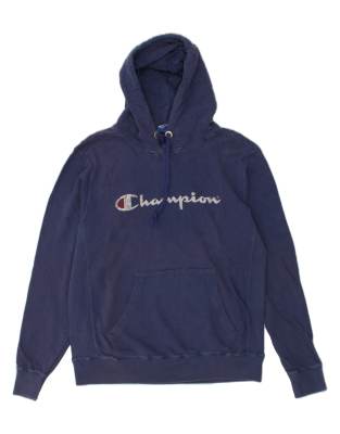 Vintage Champion Size L Graphic Hoodie Jumper in Navy Blue