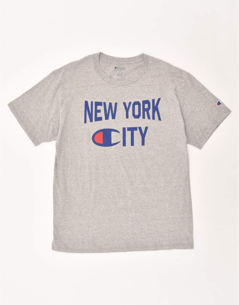 Vintage Champion Size L Graphic T-Shirt Top in Grey
