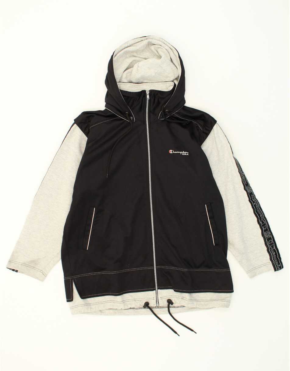 Vintage Champion Size L Hooded Tracksuit Top Jacket in Black