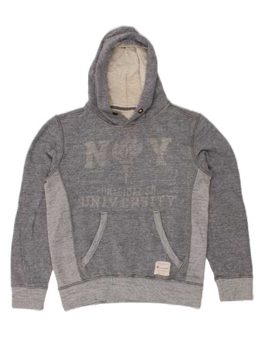 Vintage Champion Size M Colourblock Graphic Hoodie Jumper in Grey