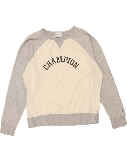 Vintage Champion Size M Colourblock Graphic Sweatshirt Jumper in Grey