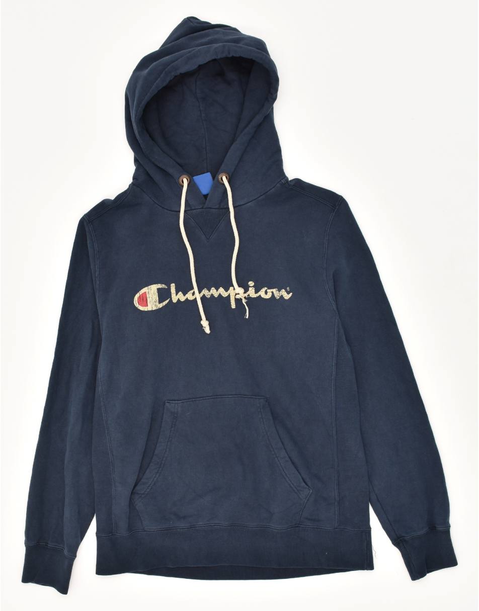 Vintage Champion Size M Graphic Hoodie Jumper in Navy Blue