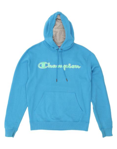 Vintage Champion Size S Colourblock Graphic Hoodie Jumper in Blue - view 1