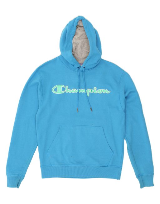 Vintage Champion Size S Colourblock Graphic Hoodie Jumper in Blue