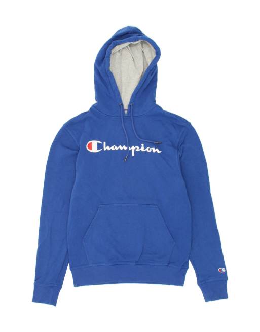 Vintage Champion Size S Graphic Hoodie Jumper in Blue