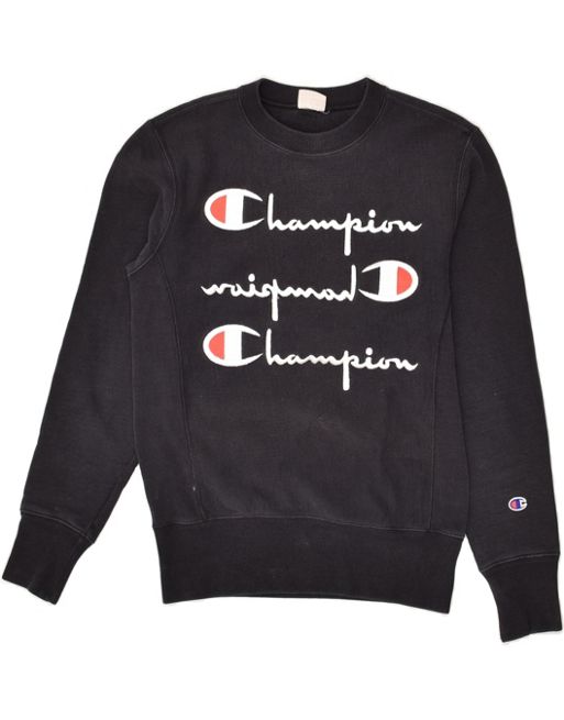 Vintage Champion Size S Graphic Sweatshirt Jumper in Navy Blue