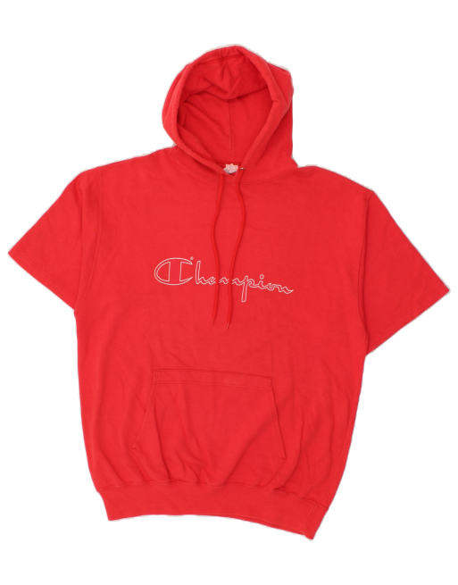 Vintage Champion Size XL Short Sleeve Graphic Hoodie Jumper in Red