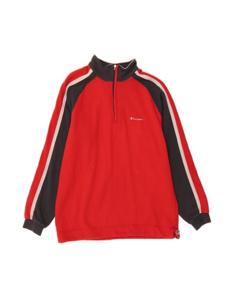Vintage Champion Zip Neck Sweatshirt Jumper XL In Red Colourblock - view 1