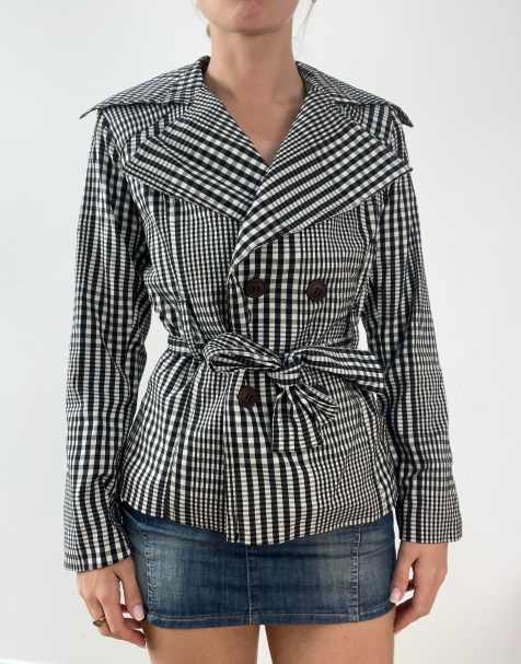 Vintage checkered pea coat in black - view 1