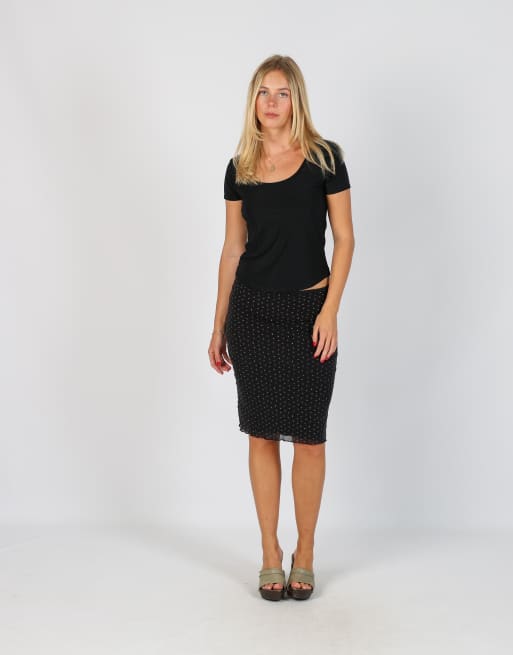 Vintage Clockhouse XS woven midi skirt in black, 1 of 4