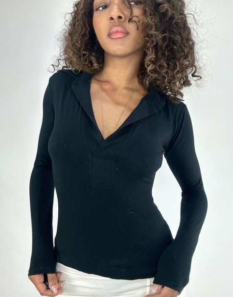 Vintage collared long sleeve top in black - view 1