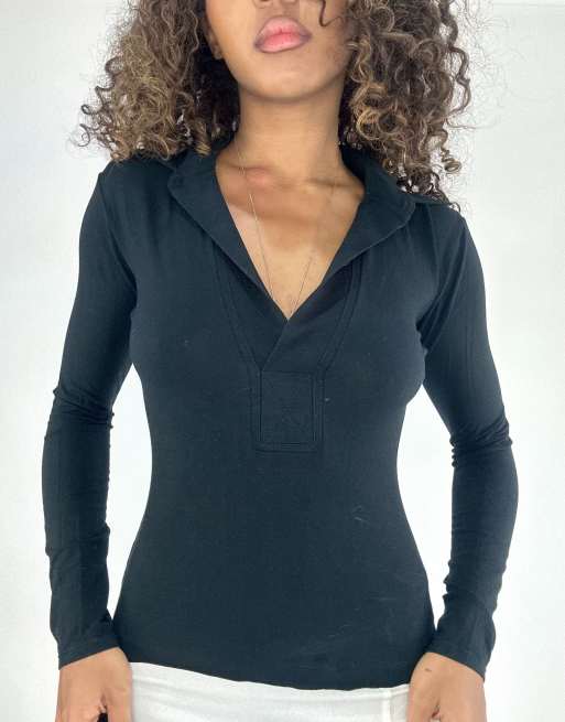 Vintage collared long sleeve top in black, 3 of 4