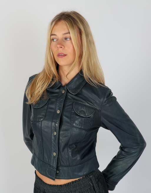 Vintage Conbipel S leather jacket in navy blue, 3 of 4