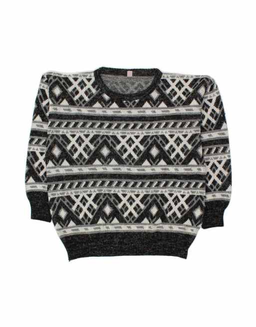 Vintage Crew Neck Jumper Sweater 2XL In Grey Fair Isle