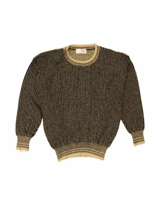 Vintage Crew Neck Jumper Sweater EU 40 Medium In Black Striped Wool