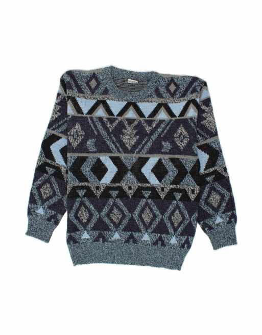 Vintage Crew Neck Jumper Sweater EU 40 Medium In Blue Geometric