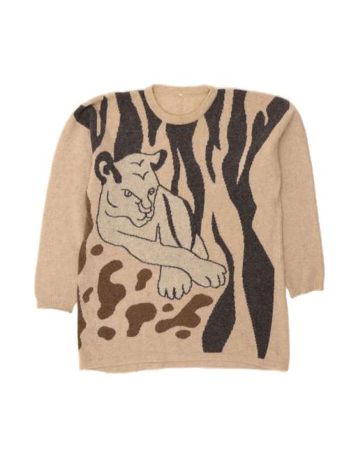 Vintage Crew Neck Jumper Sweater EU 42/44 XL In Beige Animal Print