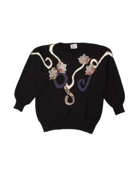 Vintage Crew Neck Jumper Sweater EU 46 XL In Black Floral - view 1