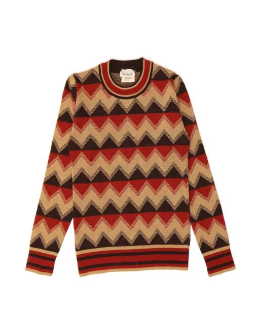 Vintage Crew Neck Jumper Sweater It 40 Small In Beige Chevron
