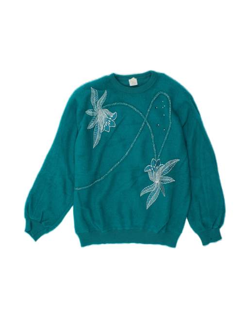 Vintage Crew Neck Jumper Sweater It 44/46 Large In Blue Floral