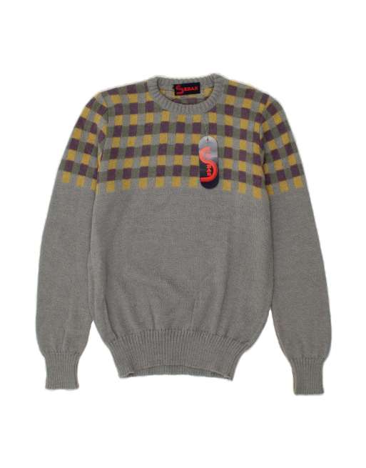 Vintage Crew Neck Jumper Sweater It 46 Large In Grey Gingham