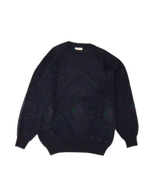 Vintage Crew Neck Jumper Sweater Large In Blue Argyle/diamond