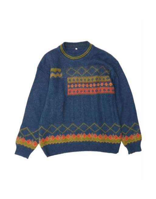 Vintage Crew Neck Jumper Sweater Large In Blue Argyle/diamond