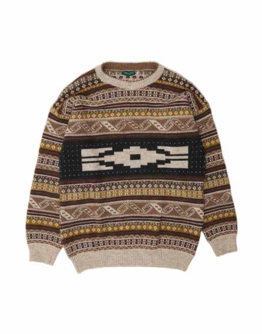 Vintage Crew Neck Jumper Sweater Large In Brown Fair Isle